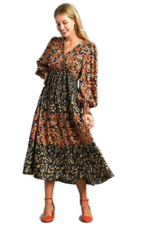 Retro Style Promotions Mixed Floral Print Midi Dress