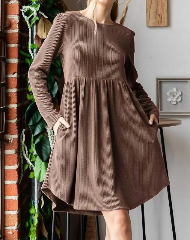 Vintage-Modern Style Offers Long Sleeve Solid Urban Ribbed Babydoll Mini Dress In Camel