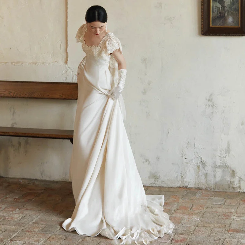 Sustainable Fashion Extravaganza IKEARLAX  Light Wedding Dress Retro Simple Trip Shoot White Slimming  New Style Trailing Bridal Wedding Wedding Welcome Yarn