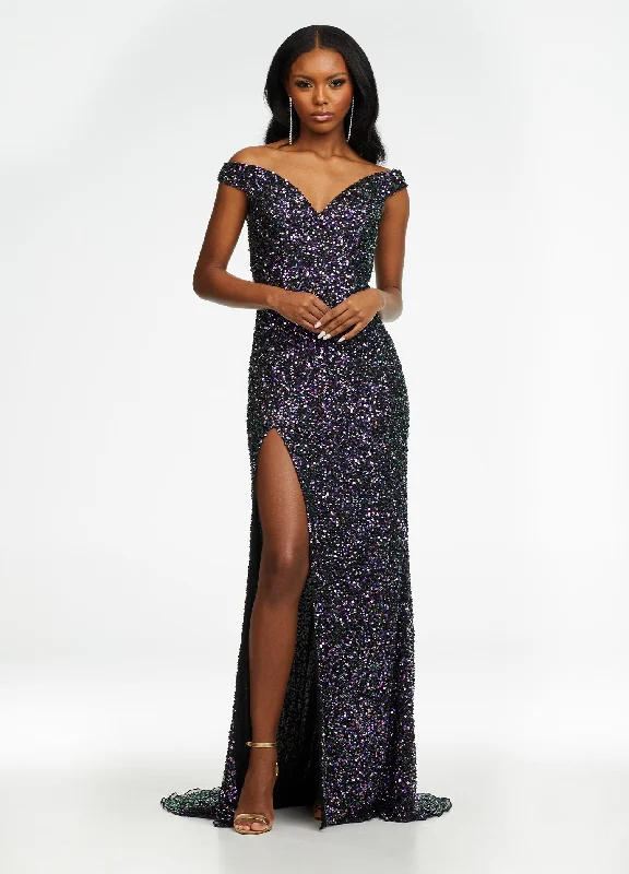 Contemporary Casual Deals Ashley Lauren 11067 Size 14, 22 Multi/Black Prom Dress Off the Shoulder Sequin Slit Gown