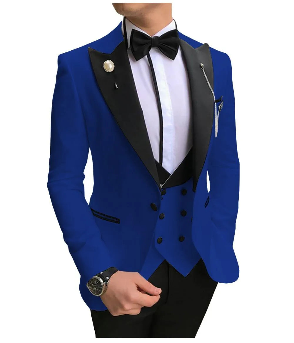 New In This Season Slim Fit Purple Groom Tuxedos Black Peak Lapel Groomsmen Mens Wedding Dress Style Man Jacket Blazer 3 Piece Suit(Jacket+Pants+Vest+Tie) 855