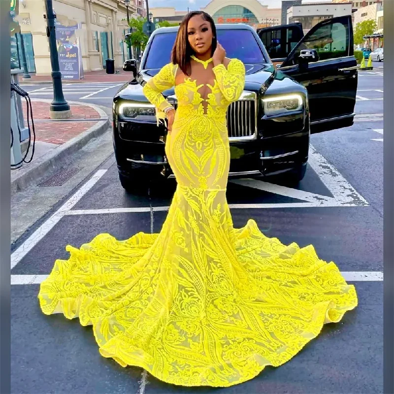 Comfort Meets Fashion Yellow Sequined Lace Long Sleeeve Prom Dresses For Black Girls Mermaid Elegant Formal Occasion Dress O Neck Wedding Party Gowns