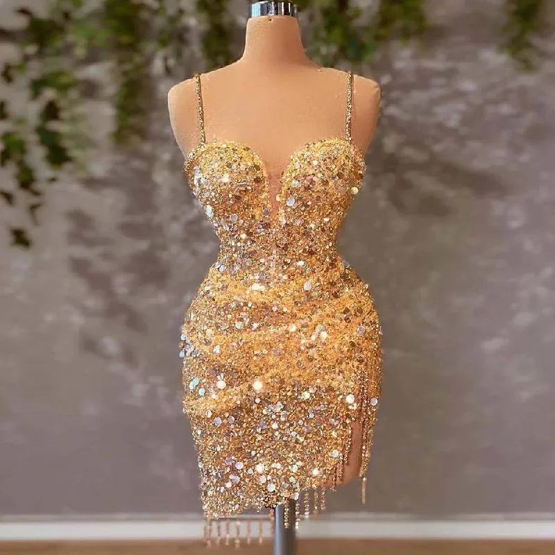 Limited Time Special Offer Yellow Cocktail Dresses Spaghetti Strap Bead Mini Evening Formal Gowns Sparkle Tassel Elegant Dress Women For Wedding Party