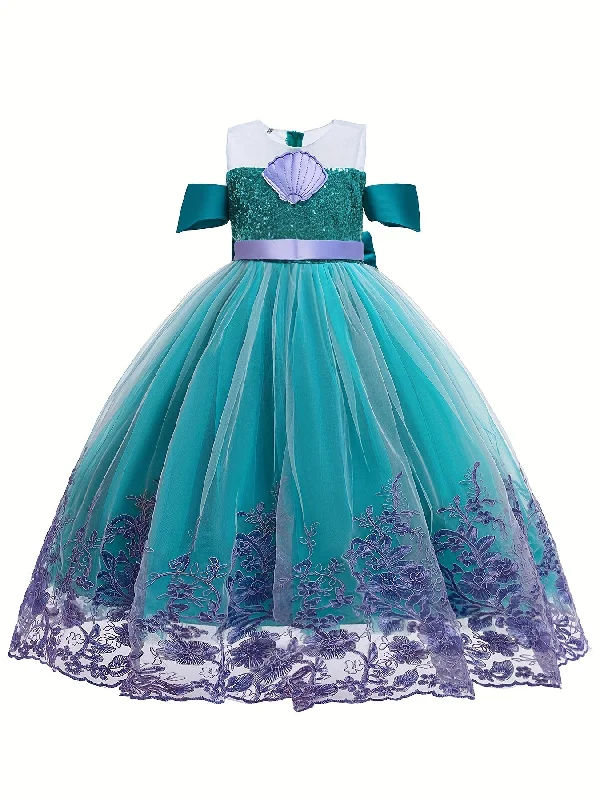 Vintage-Modern Style Offers Magnificent Mermaid Princess Dress for Girls - Short Sleeve, Crew Neck, Fish Scale Pattern, Lace Tulle Floor Length, Non-Stretch Polyester, Contrast Sequin Details - Perfect for Party, Wedding, All-Season Wear