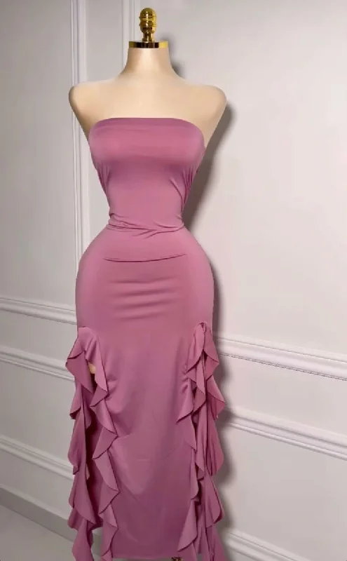 Elevated Casual Discounts Pink Strapless Sheath Ruffles Long Party Dress Wedding Guest Dress, D293