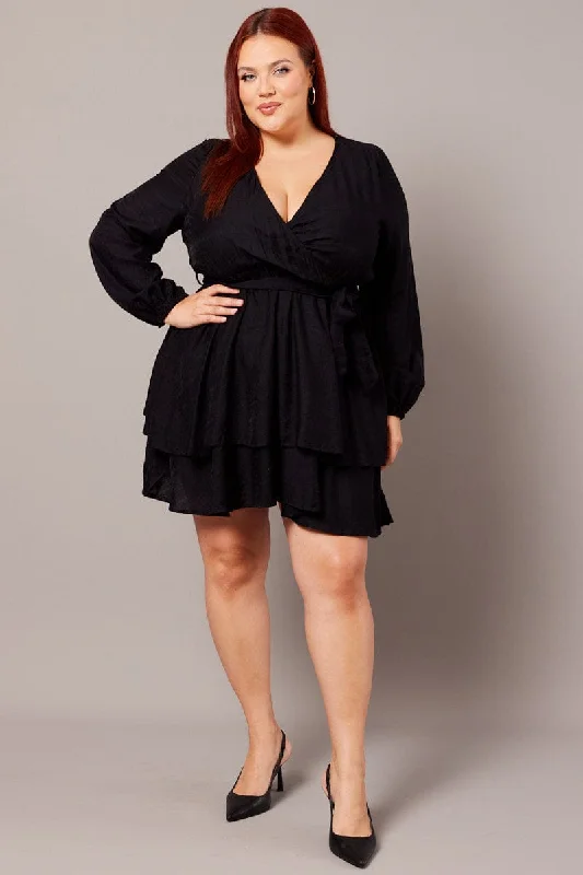 Elegant Style Black Tiered Cross Front Mini Dress