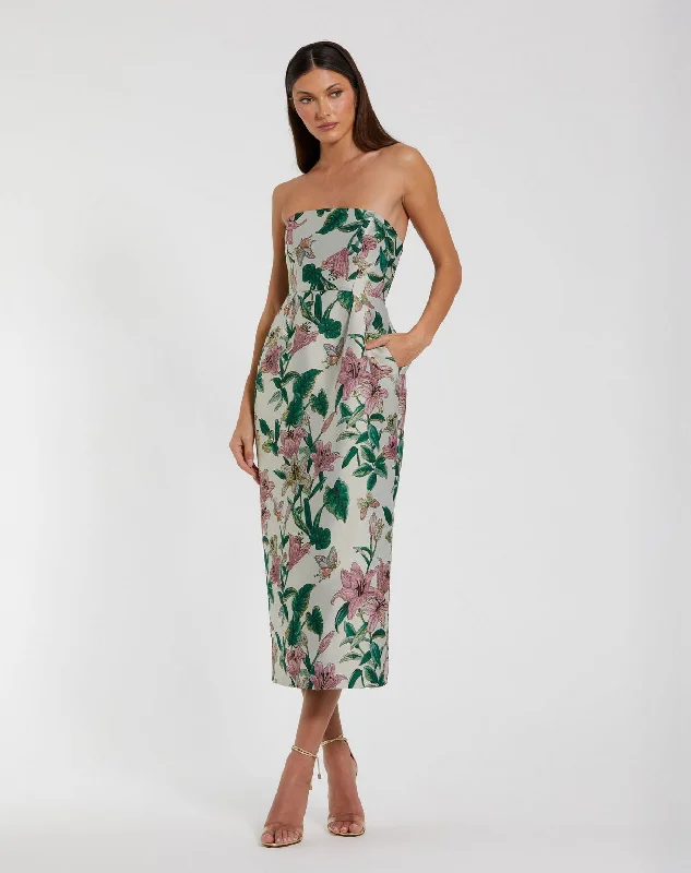 Flash Sale Starts Mac Duggal 56097 Fitted Midi Floral Tea Length Cocktail Dress