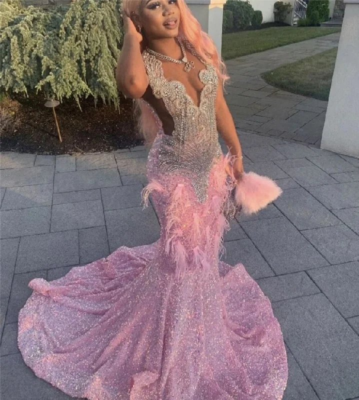 Best-Sellers Rose Pink Feathers Rhinestone Sequin Black Girl Prom Dresses Mermaid Elegant Dress For Wedding Party See Through Sexy African