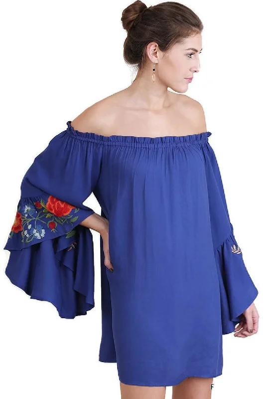 Limited Styles Floral Embroidered Bell Sleeve Mini Dress, Royal Blue