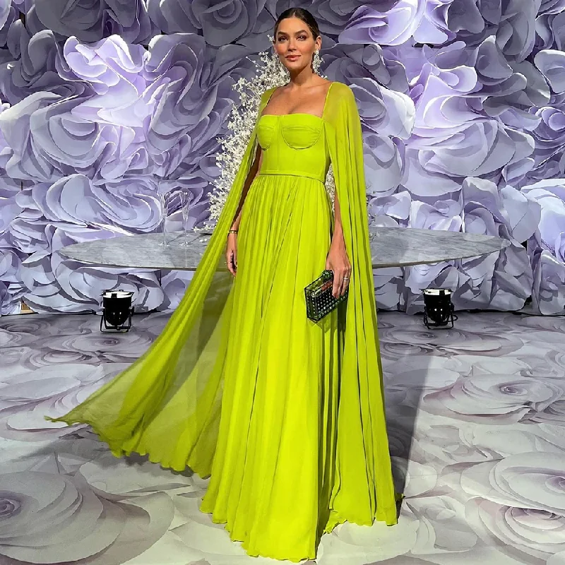 Timeless Elegance Sale Saudi Arabic Lemon Yellow Dubai Evening Dresses with Cape Sleeves Elegant Women Wedding Party Formal Gowns