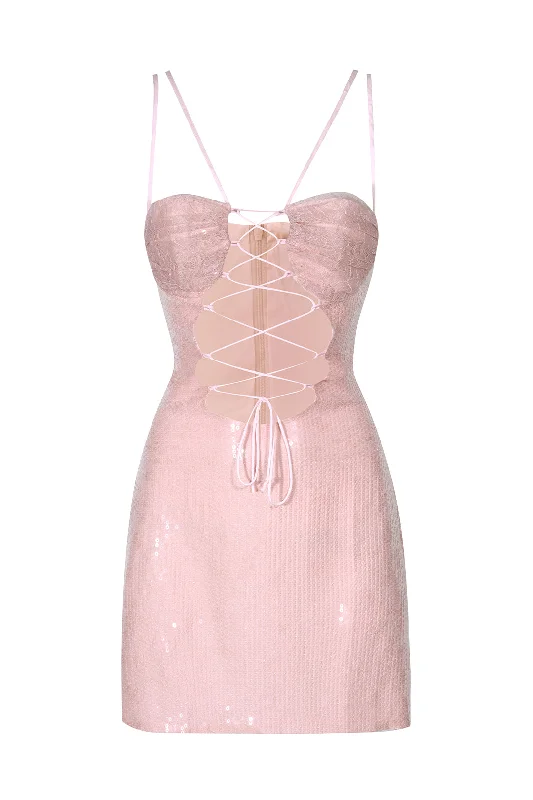 Flash Sale Pink Lace Up Pailette Mini Dress