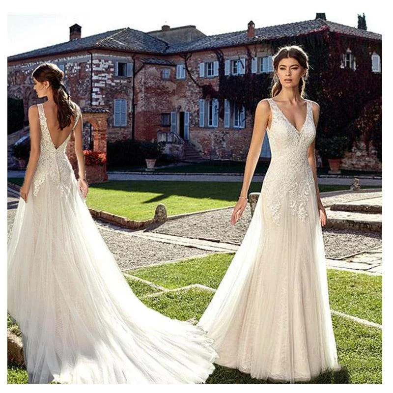 Romantic Fashion Discounts Double Shoulder V Neck Ivory Wedding Dress