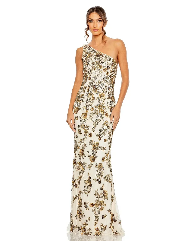 Break Fashion Norms Mac Duggal 5955 Long Floral Beaded One Shoulder Dress