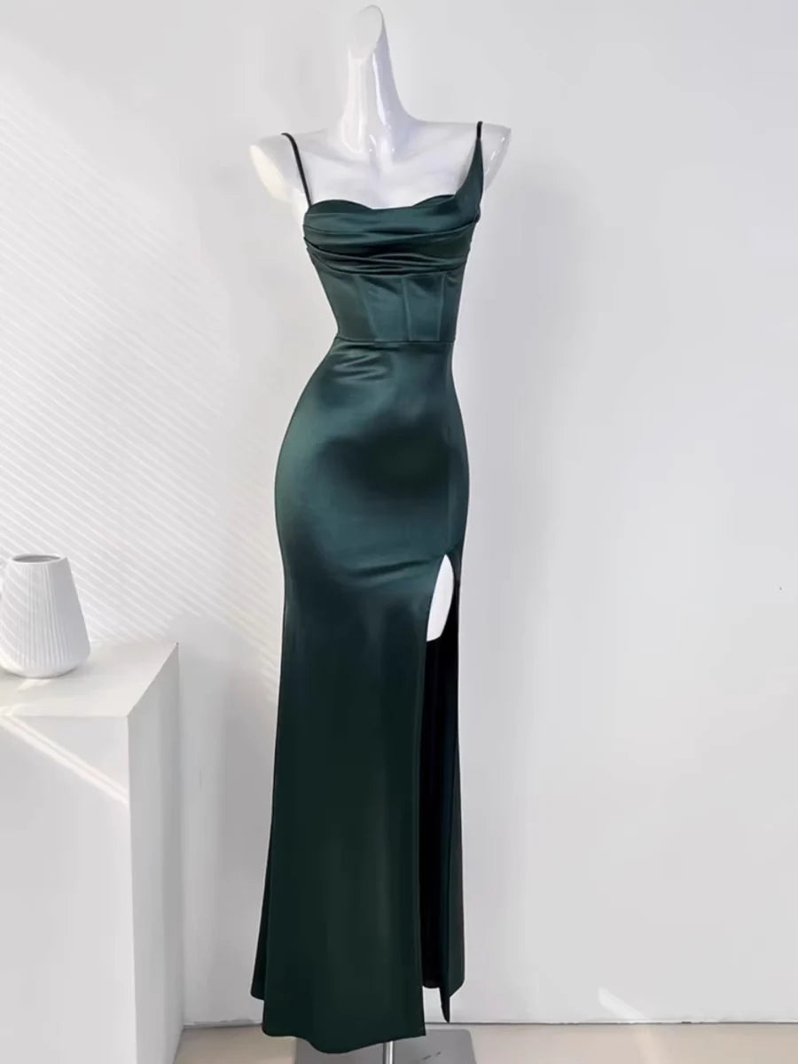 Modern Chic Discounts Green Spaghetti Straps Mermaid Satin Long Party Dress Wedding Guest Dress, D308