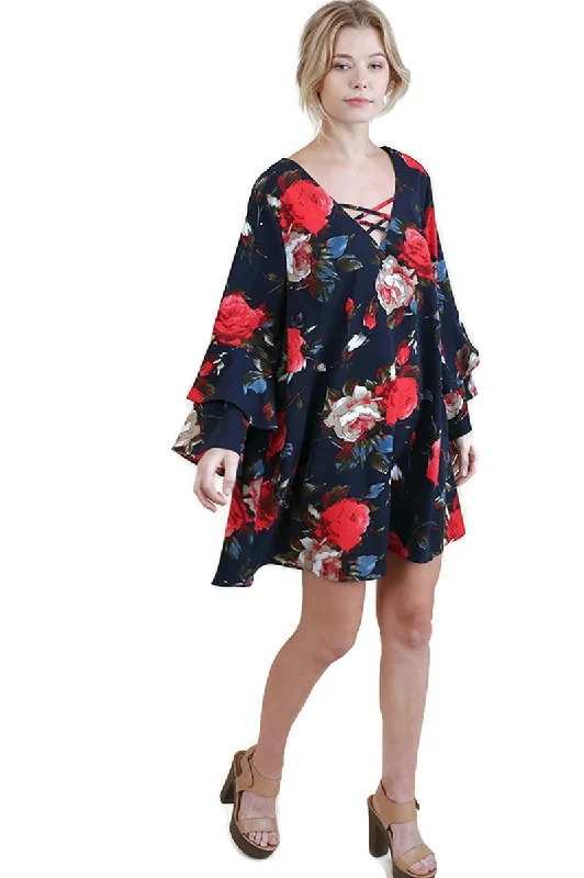 Chic Trends Unveiled Criss Cross Layered Ruffle Sleeve Floral Dress, Navy