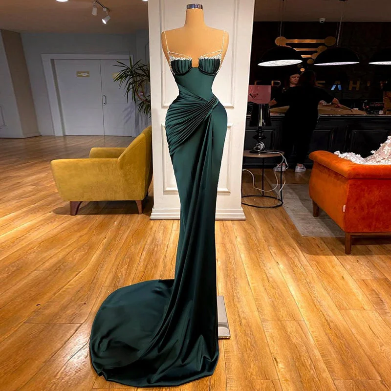 Flirty Fashion Discounts Scz014 Spaghetti Straps Emerald Green Mermaid Evening Dress For Women Wedding Party Crystal Long Prom Formal Dresses