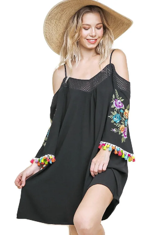 The Latest Fashion Trends Floral Embroided Pom & Tassel Mini Dress, Black