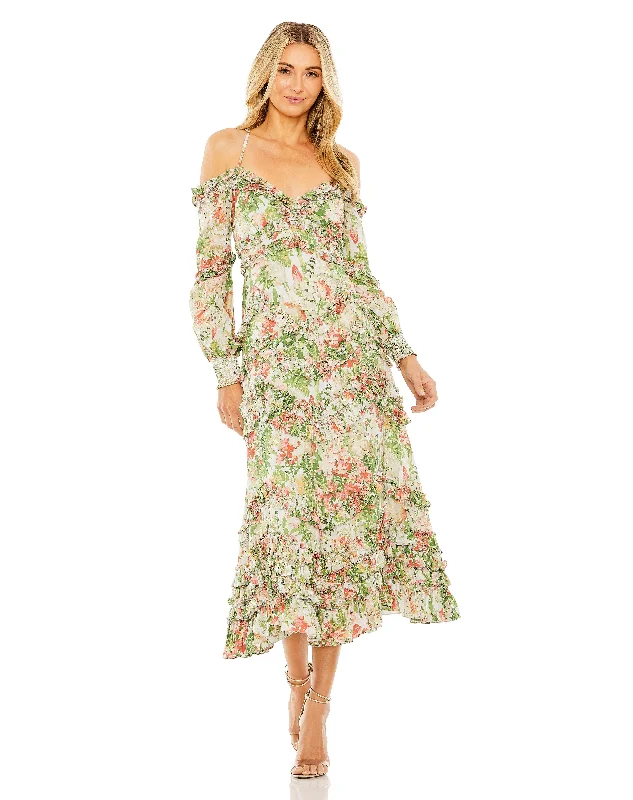 Refined Fashion Sale Mac Duggal 8082 Floral Ruffle Cocktail Long Sleeve Midi Dress