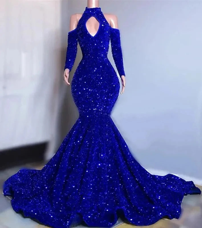 Affordable Trendy Fashion Ocstrade Sparkly  Long Train Dresses For Women Party Wedding Evening Off Shoulder Royal Blue Sequin Long Sleeves Prom Dress 2023