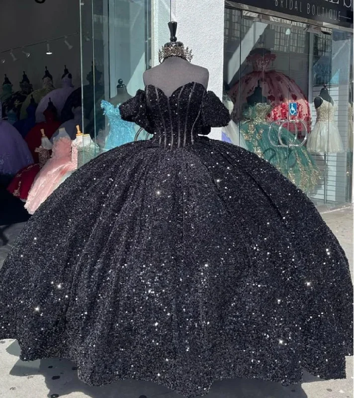 Sophisticated Fashion Glitter Black Ball Gown Princess Quinceanera Dress With Bow Sequins Sweet 16 Party Gown Vestidos De 15 Años Wedding Gowns