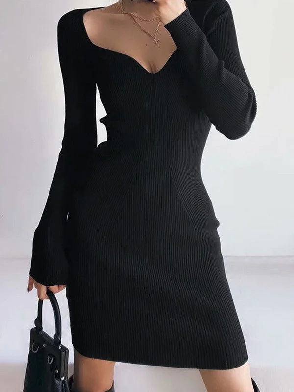 Sophisticated Style Offers V Neck Ribbed Knit Long Sleeve Mini Dress