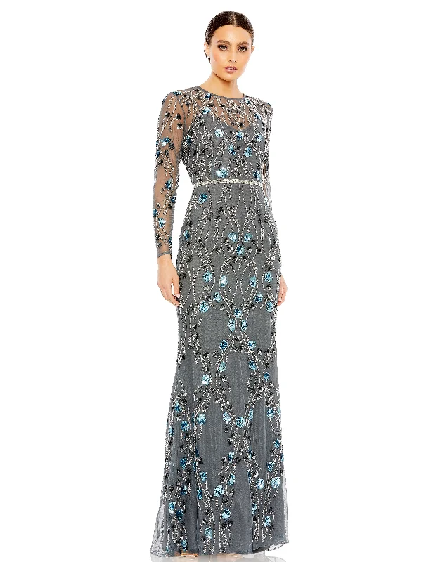 Vibrant Style Promotions Mac Duggal 93772 Long Sleeve Beaded Floral Evening Formal Gown