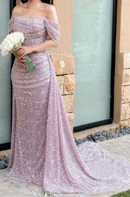 Chic And Trendy Beautiful Off The Shoulder Wedding Dress Sequin Mermaid Prom Evening Dress Y7630