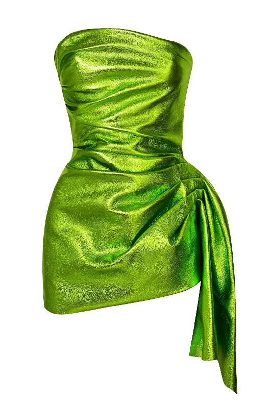 Stylish Looks Metallic Green Draped Leather Mini Dress