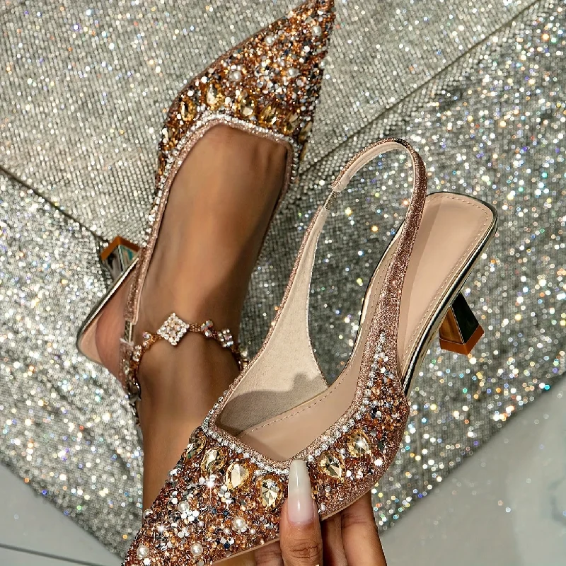 Low Price Special Dazzling Womens Pointed Toe High Heel Sandals - Sparkling Rhinestones & Lustrous Pearls - Adjustable Slingback for Weddings - Chic and Dressy Footwear