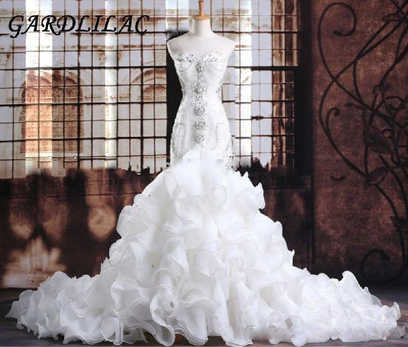 Vintage Style Deals Luxurious Crystals Beaded Organza White Mermaid Wedding Dress