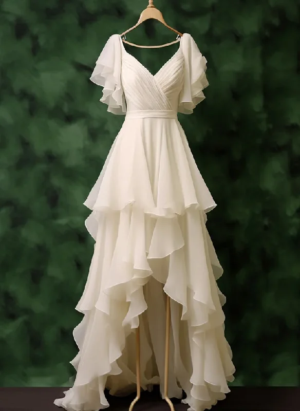 Fall Sale, Prices Drop Pretty White Chiffon High Low Party Dress,Layered  Wedding Prom Dress Y7749