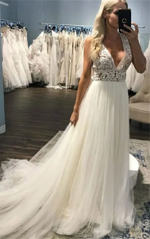 Big Savings A-Line Deep V-Neck Sweep Train Beach Wedding prom Dress with Lace  cg6070