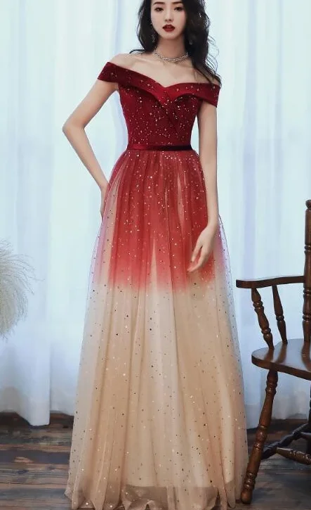 Trend Leading Collection Off Shoulder Red Tulle Long Gradient Formal Dress, New Prom Dress Wedding Party Dress   cg10944