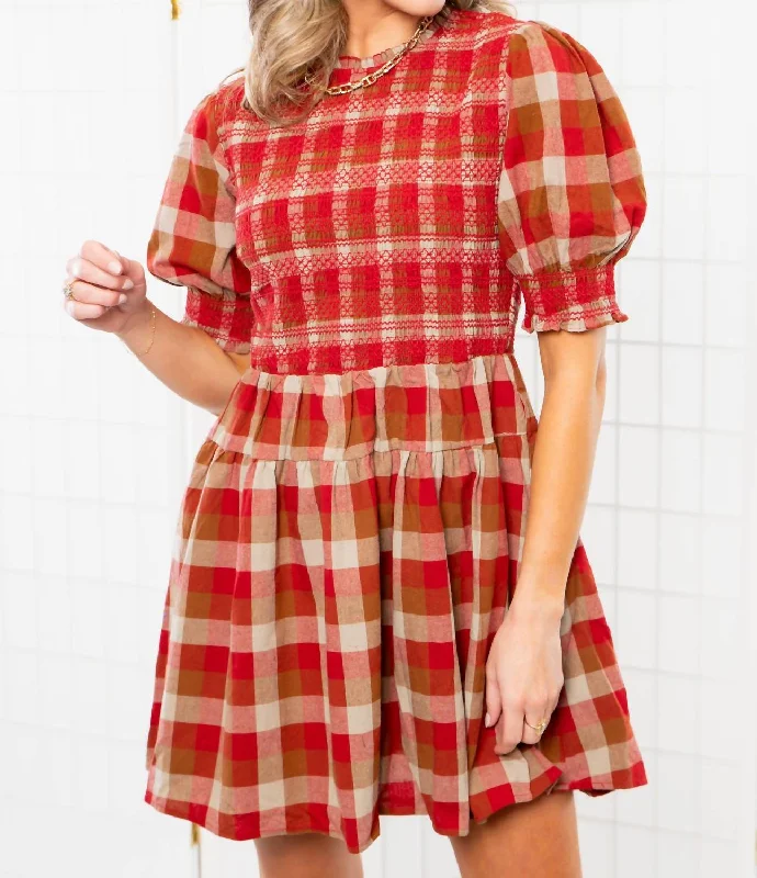 Exclusive Fashion Deals Smocked Plaid Red Mini Dress