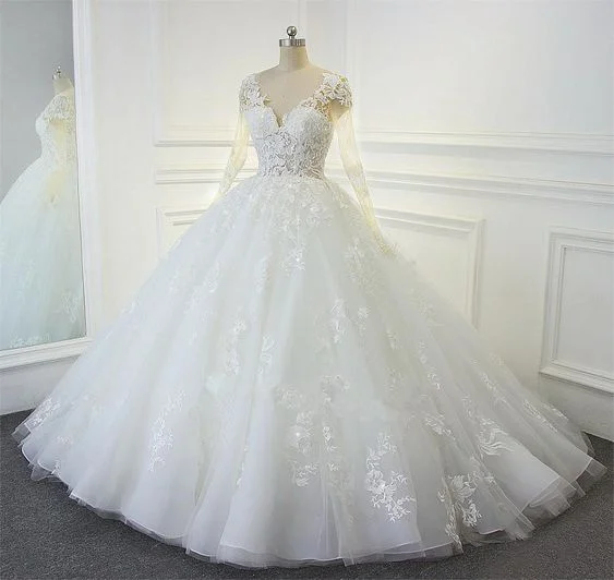 Find Your Unique Flair V-Neck White Organza Ball Gown Wedding Dresses Long Sleeve Bridal Dress S27009