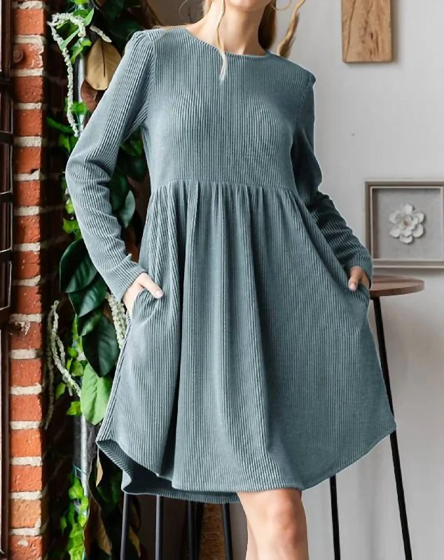 Fashionable Comfort Promotions Long Sleeve Solid Urban Ribbed Babydoll Mini Dress In Olive Vintage