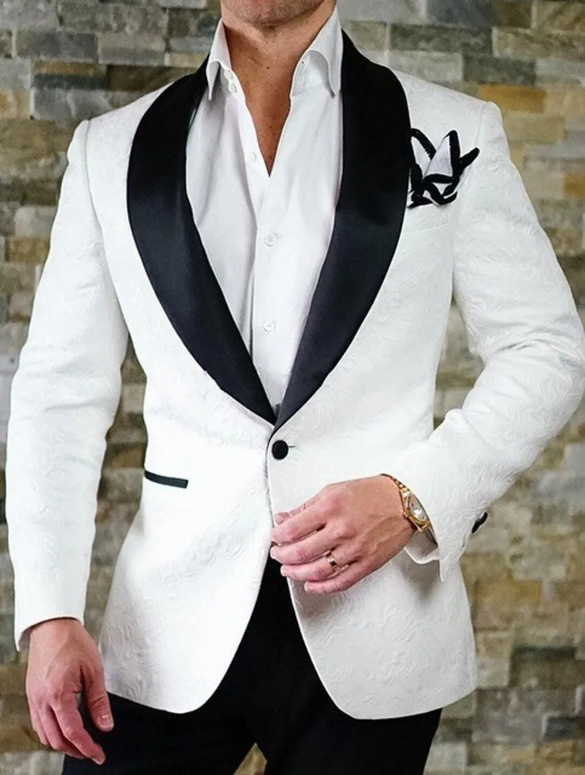 Hot Sale White Butterfly Jacquard Groom Tuxedos Embossed Three-dimensional Pattern Men's Blazer 2 Piece Suits Wedding Dress Prom Clothing Multi-color optional