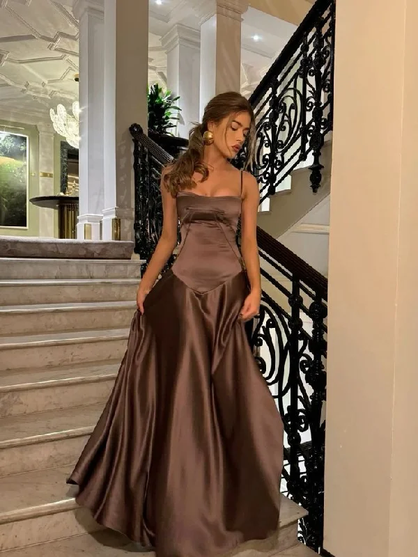 Contemporary Fashion Sale Elegant Brown Spaghetti Straps A-Line Long Party Dress Wedding Guest Dress, D294