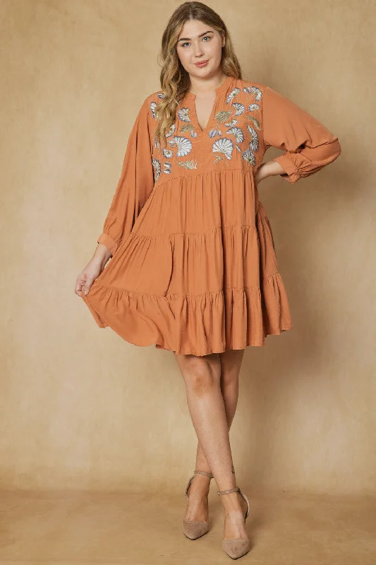 Fashionista Sale Floral Embroidered Tiered Dress, Terra Cotta