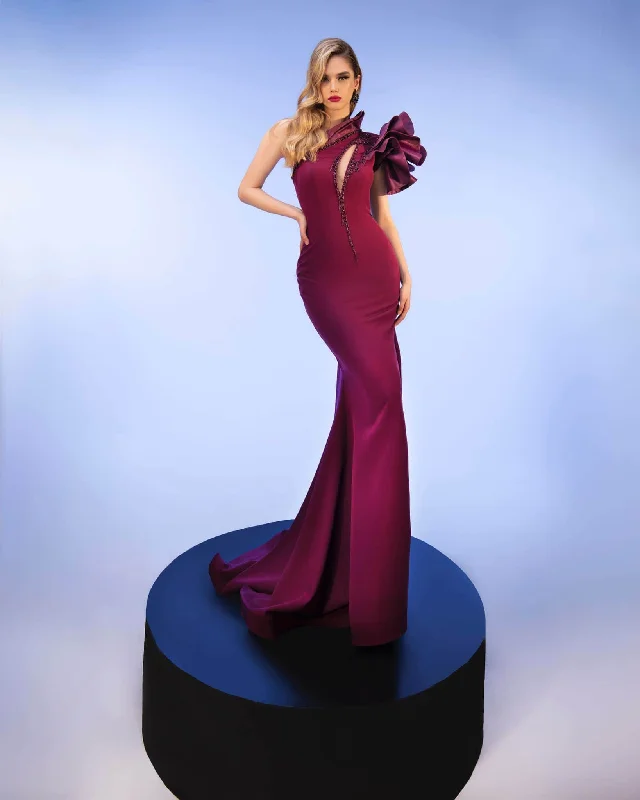 Dive Into Trendy Styles MNM Couture 2736A - One-Shoulder Ruffle Sleeve Gown