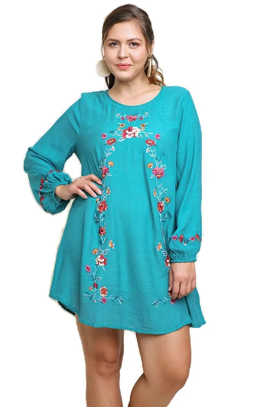 Budget Friendly Floral Embroidered Dress, Emerald