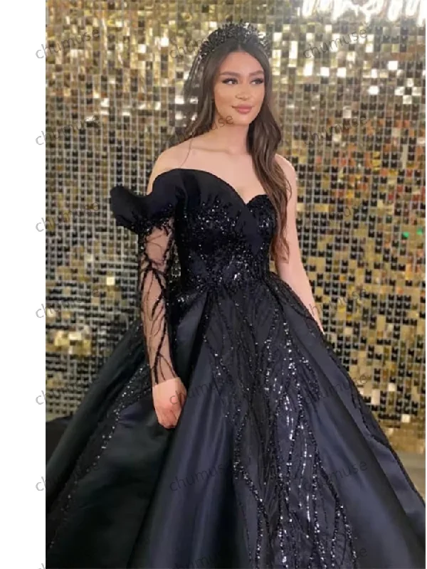 Shop Sale Items Black Wedding Dress Sweetheart One Long Sleeve Appliques Sequined Ball Gown Formal Party Elegant Bridal Dresses