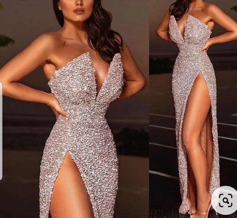 Summer Fashion Long fitted deep v neck sequins dress,wedding reception gown, shimmery prom dresses,high slit bridal dress,African women party dress