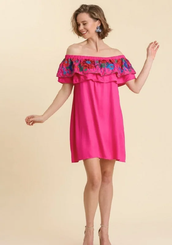 Chic & Modern Sales Floral Embroidered Ruffled Dress, Fuchsia