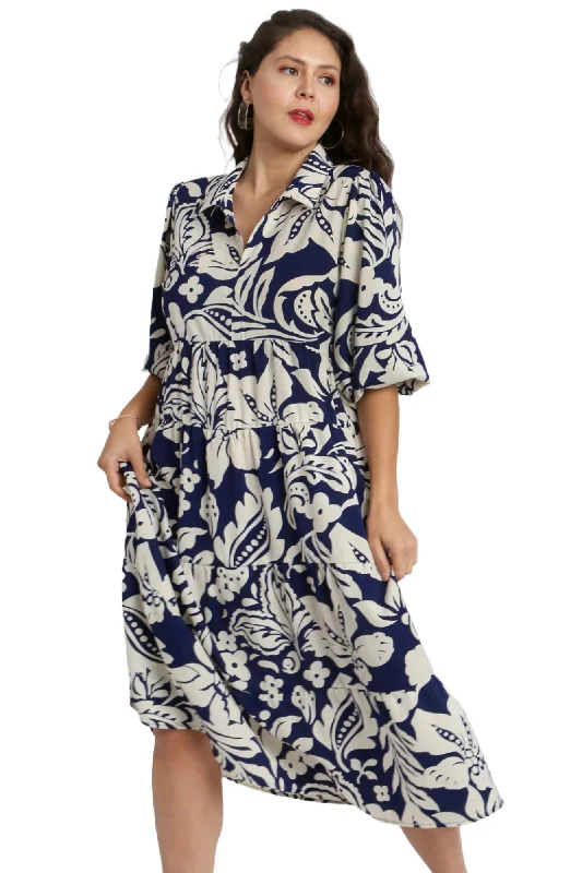 Affordable Luxury Fashion Two Tone Floral Print Midi Dress, Midnight