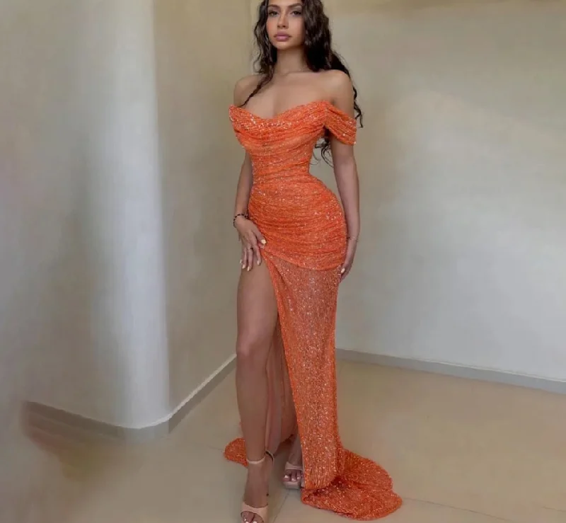 Limited Time Offer Off the Shoulder Formal Dresses Orange Mermaid Party Dress For Wedding Side Split Special Occasion Dresses robe soirée