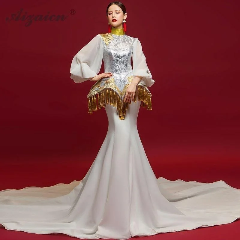 Cozy Chic Promotions Vintage Chinese Long Bell Sleeve Trailing Tassel Embroidery Cheongsam White Mermaid Wedding Dress