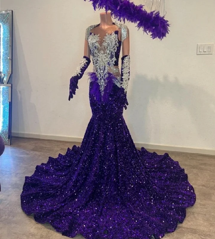 Limited Time Deal Enigmatic Purple Velvet Sequin Mermaid Long Prom Dress Silver Tassels Crystal Christmas Dress Black Girls Wedding Party Gown