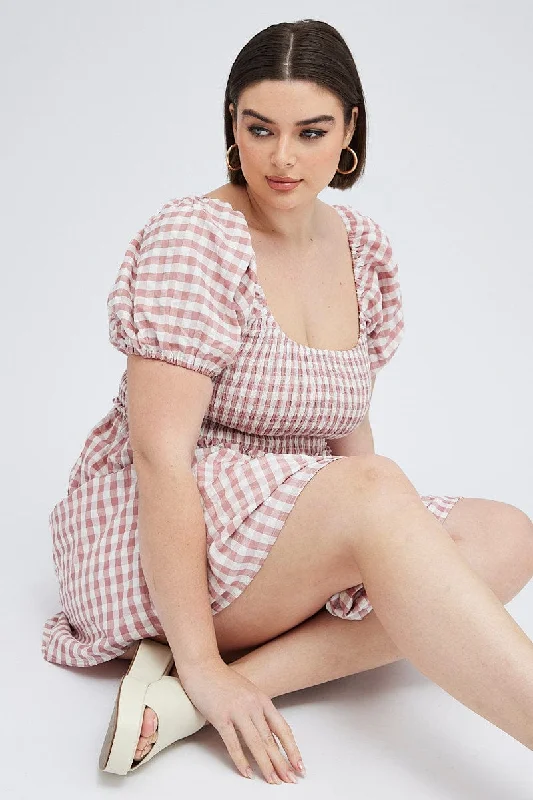 Daring Fashion Promotions Pink Check Shirred Bodice Mini Dress Gingham