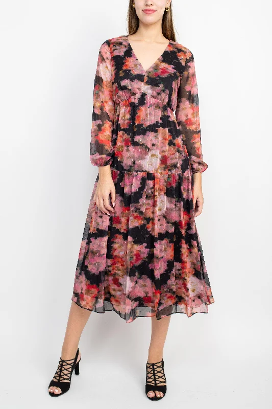 New In This Season Adrianna Papell AP1E209660 Long Sleeve Floral Chiffon Dress